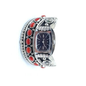 Vintage Timex LLS Signed Sterling Silver & Red Coral Cuff Watch Bracelet